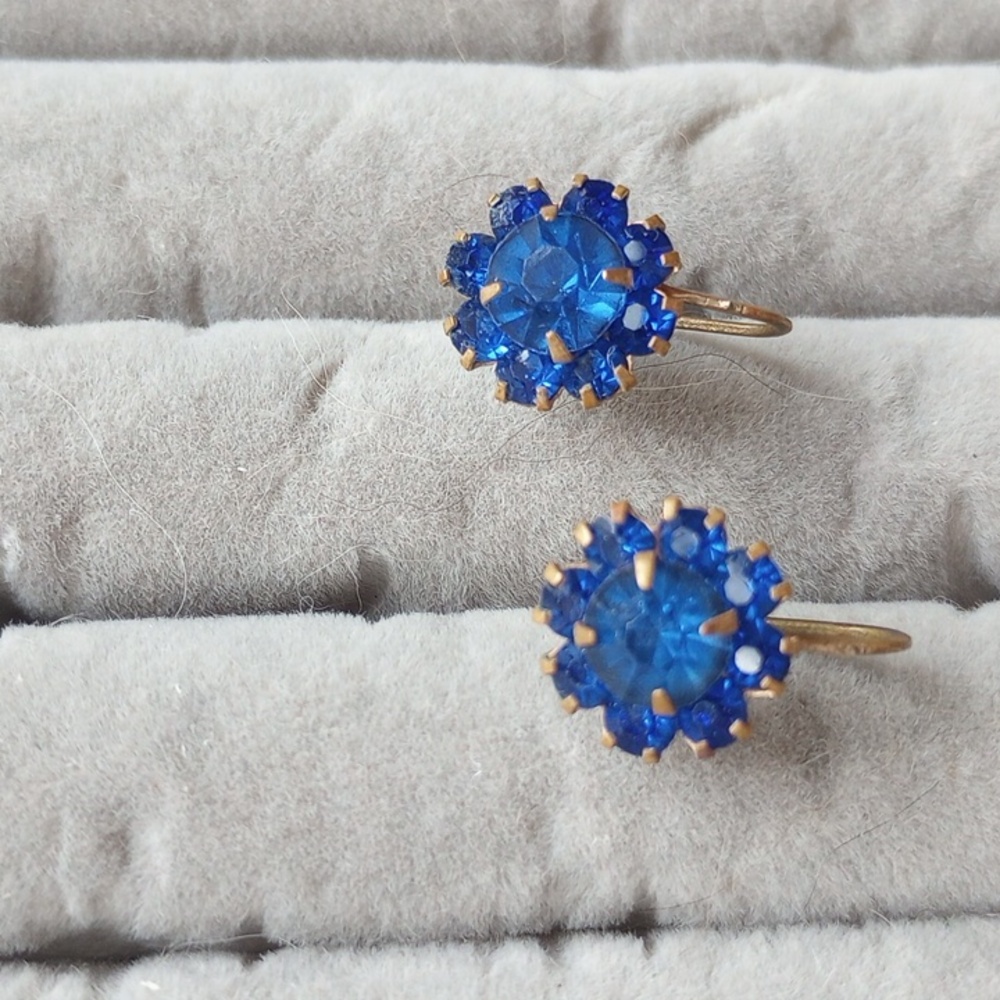 Vintage Blue Sapphire Rhinestone Screw Back Earrings flower screw back